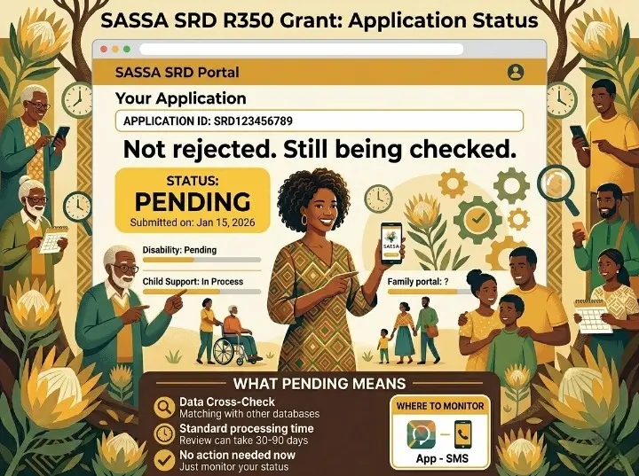 SASSA SRD portal screen mockup showing "Pending" in yellow, with text overlay