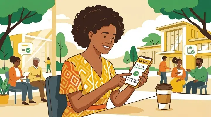 "Person using phone to check SASSA SRD R370 status online in 2026"